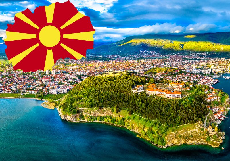 A picture of Ohrid from the air with a Macedonian flag in the shape of the country's map