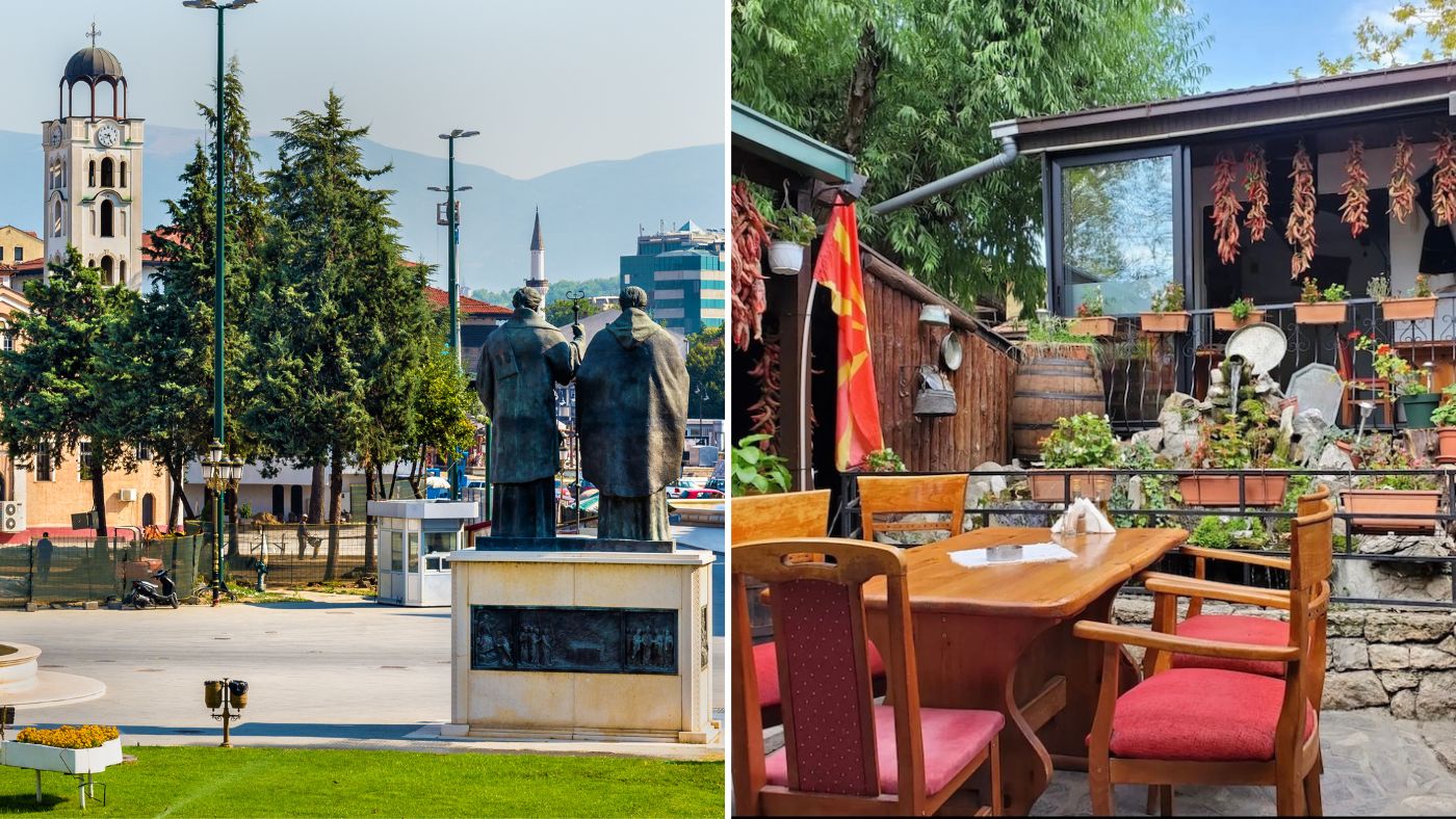 The image is a juxtaposition of two scenes from Skopje. On the left, there's a public square with statues, a church with a prominent bell tower, and a mosque’s minaret in the background, suggesting a culturally rich setting. On the right, there's a cozy restaurant outdoor seating area with wooden tables and red cushioned chairs, evoking a welcoming atmosphere for dining. Various plants and traditional décor elements add to the charm of the restaurant. The file name "the best restaurants in skopje" implies that this restaurant is among the top dining destinations in Skopje, showcasing local hospitality and culinary experiences.