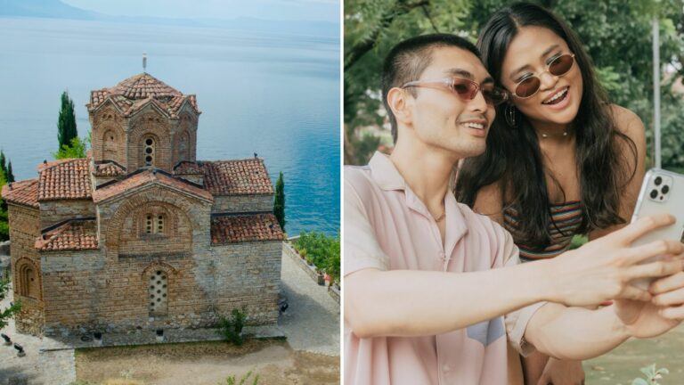 a historic church by a lake in Ohrid, Macedonia on the left, and a couple taking a selfie on the right, indicative of popular Instagram spots in the area.