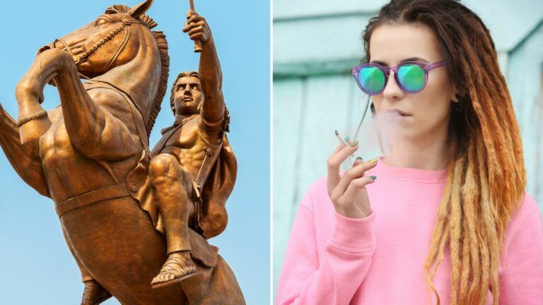 The image contrasts a historical warrior statue with a young woman smoking weed, hinting at a query about the legality of cannabis in Skopje.