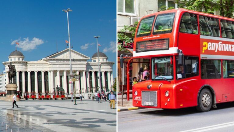 The image displays two views of Skopje: on the left, the neoclassical facade of the Archaeological Museum of Macedonia with pedestrians in front, and on the right, a red double-decker bus, which is one of the most common public transport options available in Skopje.
