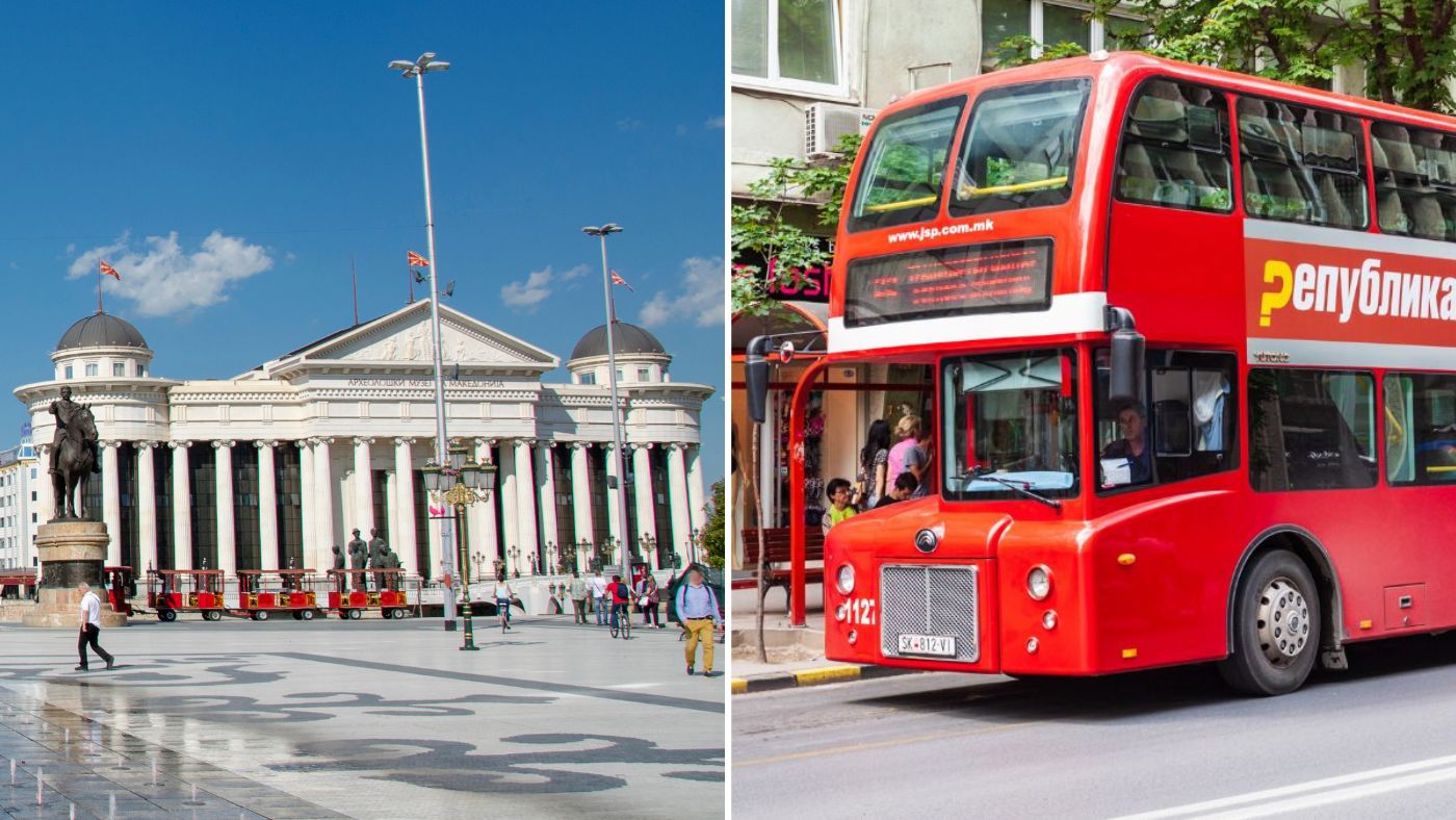 The image displays two views of Skopje: on the left, the neoclassical facade of the Archaeological Museum of Macedonia with pedestrians in front, and on the right, a red double-decker bus, which is one of the most common public transport options available in Skopje.