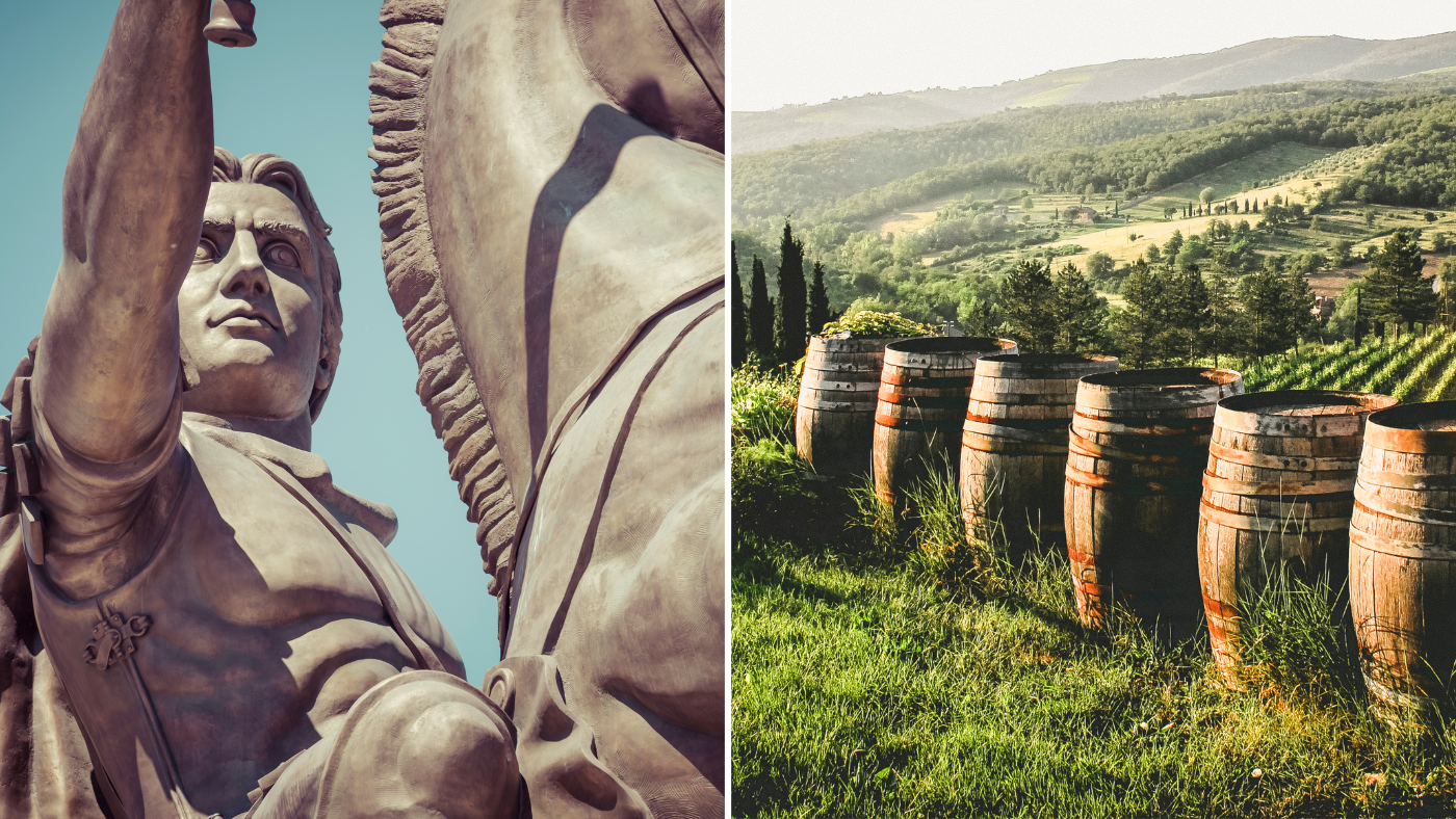 The image is split in two distinct halves. On the left, there's a close-up of the towering statue depicting Alexander the Great He's reaching upwards with one hand, his features detailed and expressive. His clothes and details hint at historical or classical inspiration, with a crest emblem noticeable on his attire. On the right, there's a picturesque landscape of one of Skopje's most infamous wineries. Rolling hills stretch into the distance, carpeted with verdant trees and interspersed with open fields. In the foreground, wooden wine barrels are arranged in the grass, sunlit with hints of dew or moisture, suggesting the early morning or late afternoon. These barrels and the lush setting evoke the feel of a vineyard.