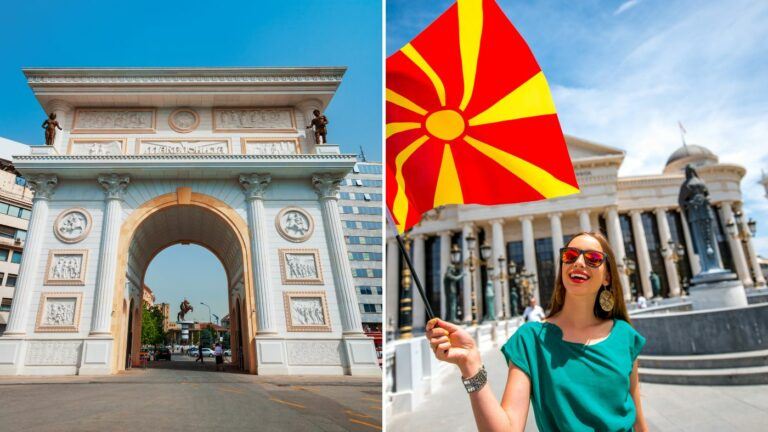 This image is split into two distinct sections. On the left side, there's the Porta Macedonia triumphal arch. Intricate carvings and medallions embellish the facade. Atop the arch, a bronze statue of a person can be seen, and underneath its grand archway, a bustling city street unfolds with cars and people. Modern buildings and a statue of a mounted figure in the distance are visible through the arch. On the right side is a picture of a young woman in a bright green dress. She's holding the Macedonian flag with its striking red background and a radiant yellow sunburst design. Behind her is a backdrop of classical white buildings with columns, statues, and a dome, evoking a sense of history and pride.