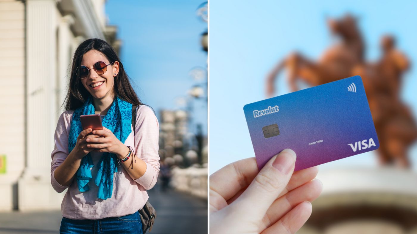 In this image, there are two visuals. On the left, a joyful woman with sunglasses is engrossed in her phone, checking her Revolut app, which works perfectly well in Skopje. She has long dark hair, is wearing a light pink top, and has a bright blue scarf draped around her neck. She's standing outdoors, with architectural elements in the background. On the right, there's a close-up of a hand holding a purple Revolut VISA card. The card is in sharp focus, while in the blurred background, there is the iconic Alexander the great statue which is in the main square of Skopje.