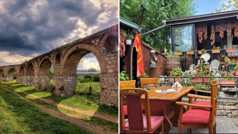 The image displays two distinct scenes. On the left, there's the historic Skopje Aqueduct against a dramatic backdrop of moody skies. The arches of the aqueduct span across the frame, leading the eye toward a distant horizon. A well-trodden path meanders alongside the structure, surrounded by green grass. On the right, the scene is of a cozy outdoor restaurant, Moja Kukja. The setting is intimate, with wooden tables and chairs with red cushioned seats. The restaurant appears to be situated in someone's backyard garden, with various plants, hanging dried chili peppers, and rustic ornaments decorating the area. A Macedonian flag flutters from a pole, indicating a hint of national pride. It's safe to Skopje, the capital of North Macedonia, is home to numerous hidden gems waiting to be explored by curious travelers.