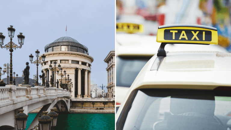 Tourist scams and traps can be a concern in many cities worldwide and it's no different in Skopje. In this featured image, two contrasting scenes are captured. On the left, there's Skopje's cityscape. A grand, neoclassical building with a domed roof sits adjacent to a bridge adorned with intricate lampposts and statues of standing figures. The waters beneath the bridge are a rich turquoise color. On the right, there's a close-up of the top of a taxi car, emphasizing the bright yellow "TAXI" sign, suggesting taxis are known to be hotspots for scammers looking to scam unsuspecting tourists.