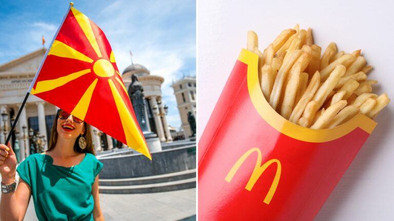 On the left side of the image, a cheerful woman in a bright green dress holding the red and yellow Macedonian flag standing on one of Skopje's main bridges in the Centar. On the right side, there's a close-up view of a familiar sight: golden, crispy McDonald's fries nestled in their iconic red carton with a bright yellow "M" logo. The fries appear fresh and tempting.