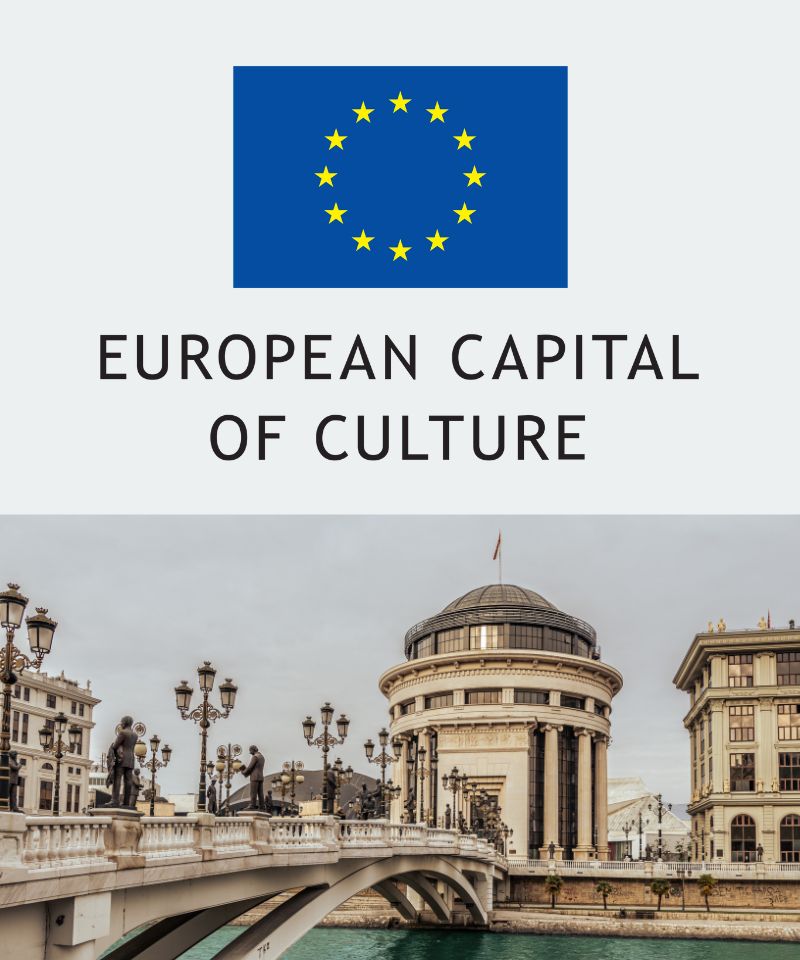 The European Capital of Culture logo above an imager of Skopje's skyline.