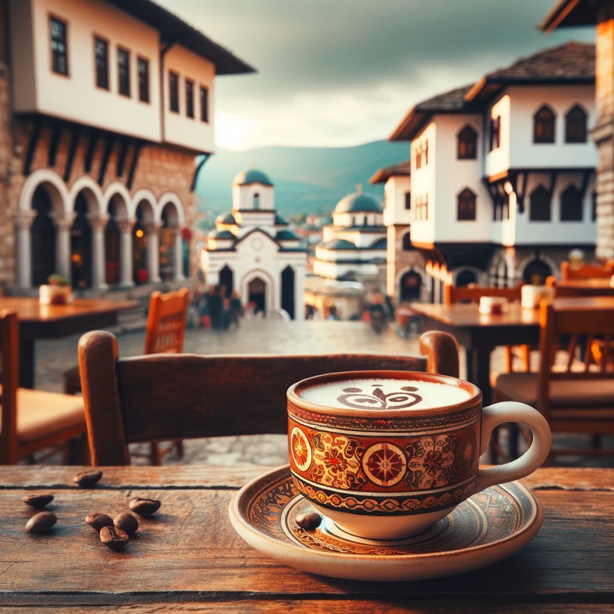 An AI generated image of a coffee cup in Skopje's Old Bazaar.