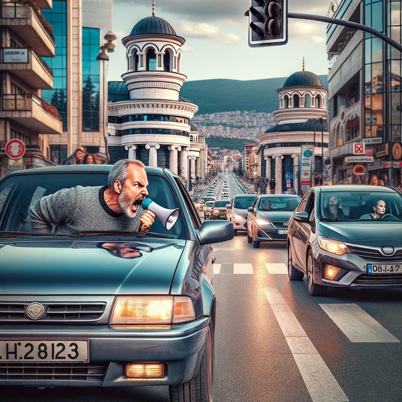 An Ai image of an angry man driving in Skopje, Macedonia